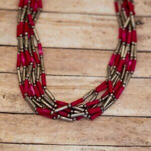 25 inch, Vintage Fuchsia Beads Silver Tone Multi-Strand Necklace - X26